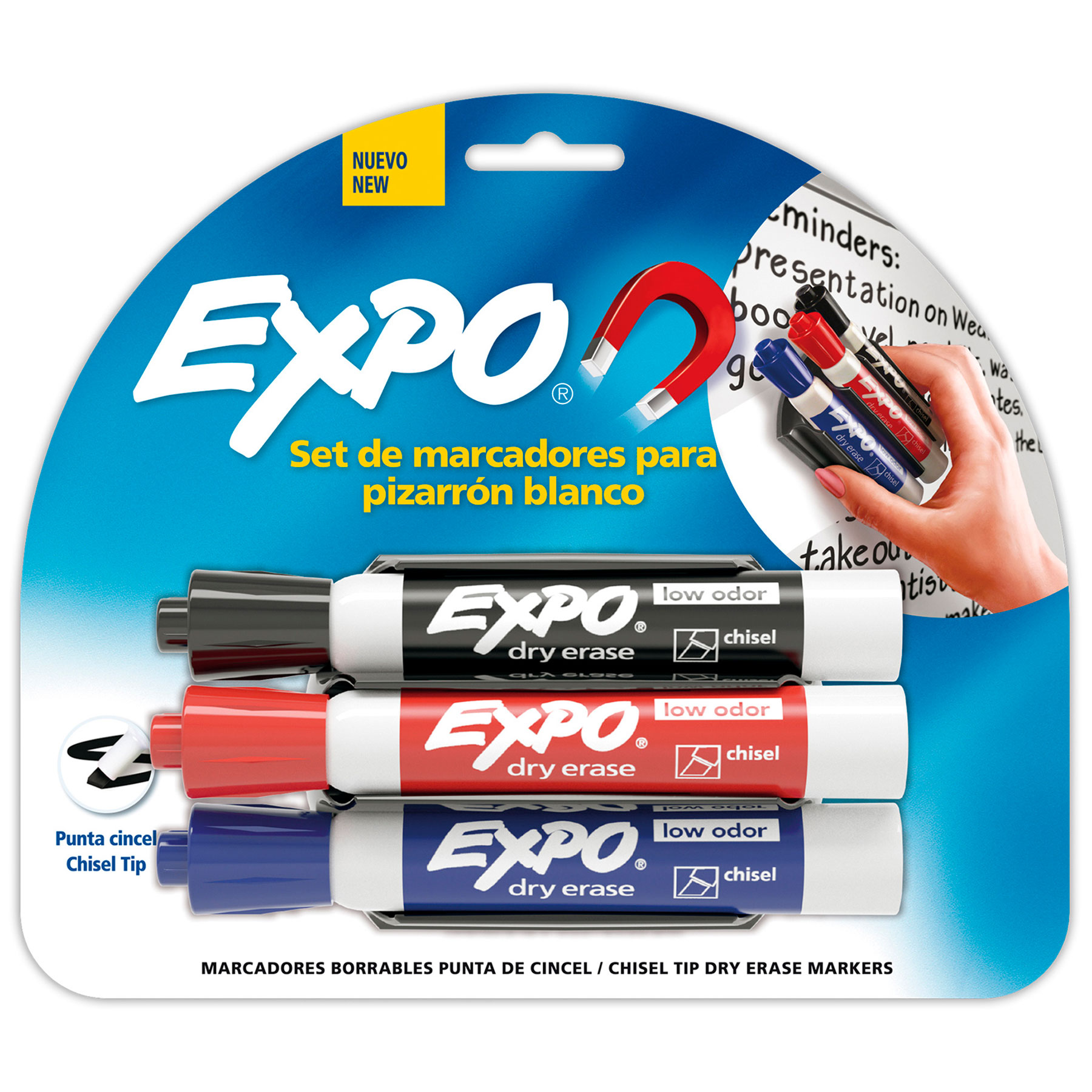 Marcador para Pintarrón Expo Bl/3 + Clip Magnético, Punta Cincel
