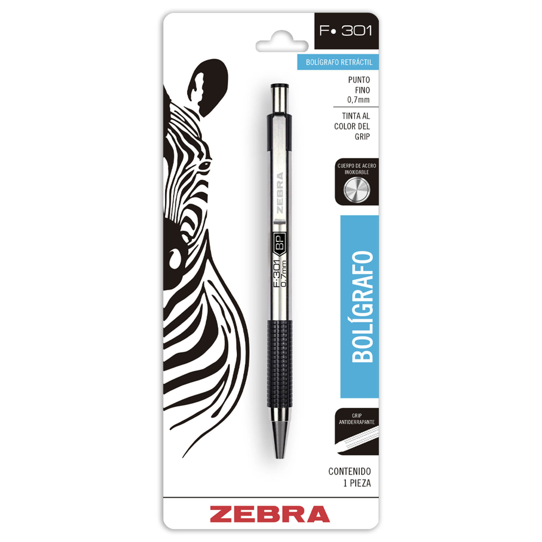 Bolígrafo Retráctil Metálico Punto Fino 0.7 mm Zebra F-301 Bl/1 Negro