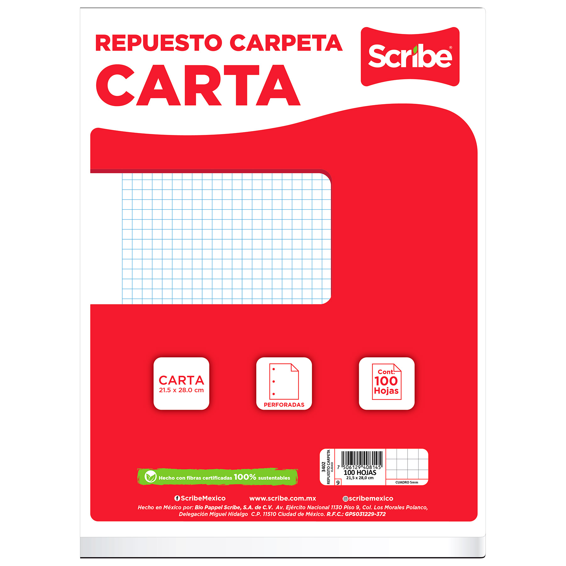 Hojas de Repuesto para Carpeta Scribe 3402, Cuadro Chico, Carta, 100 h.