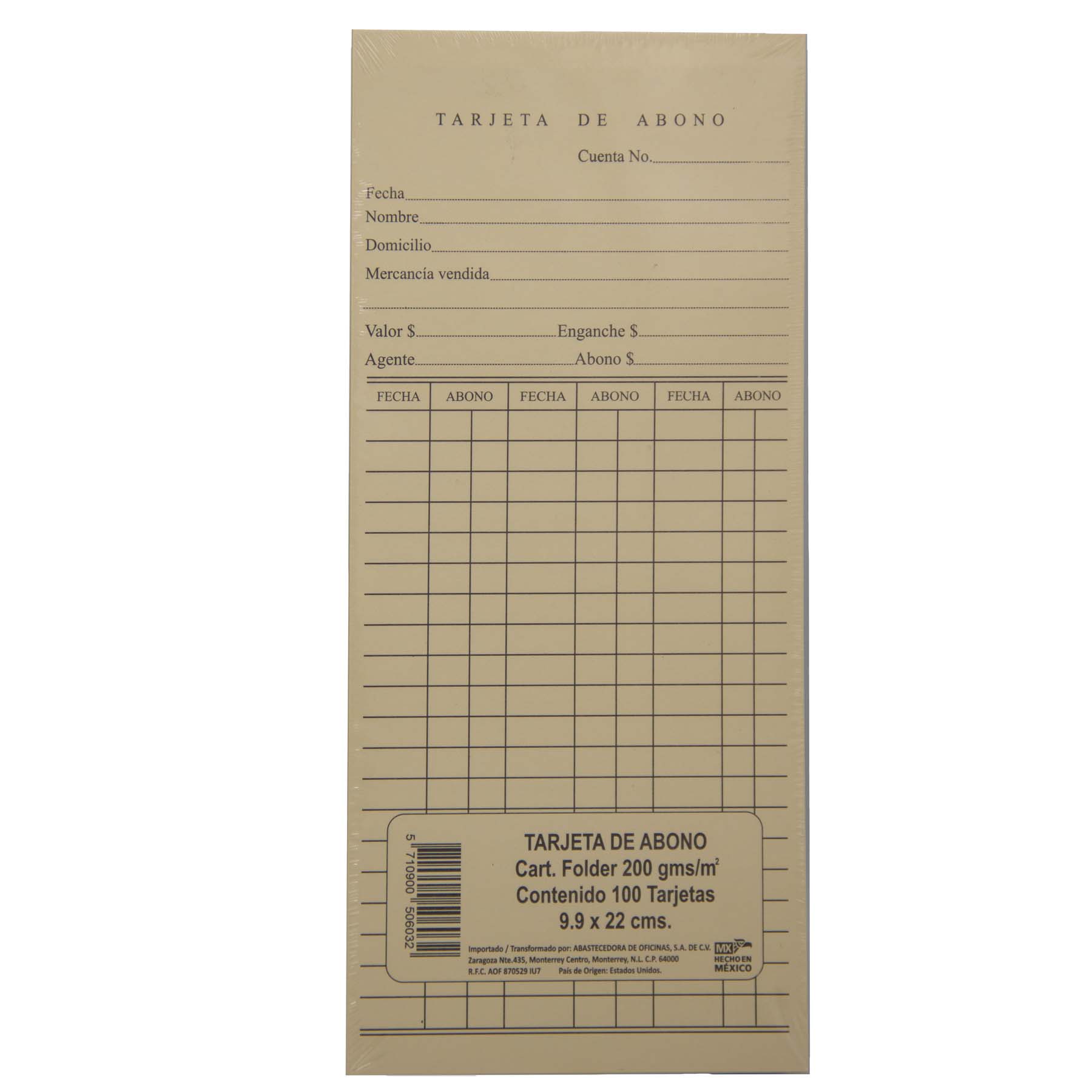 Tarjeta de Abono 9.9 x 22 cm. C/100