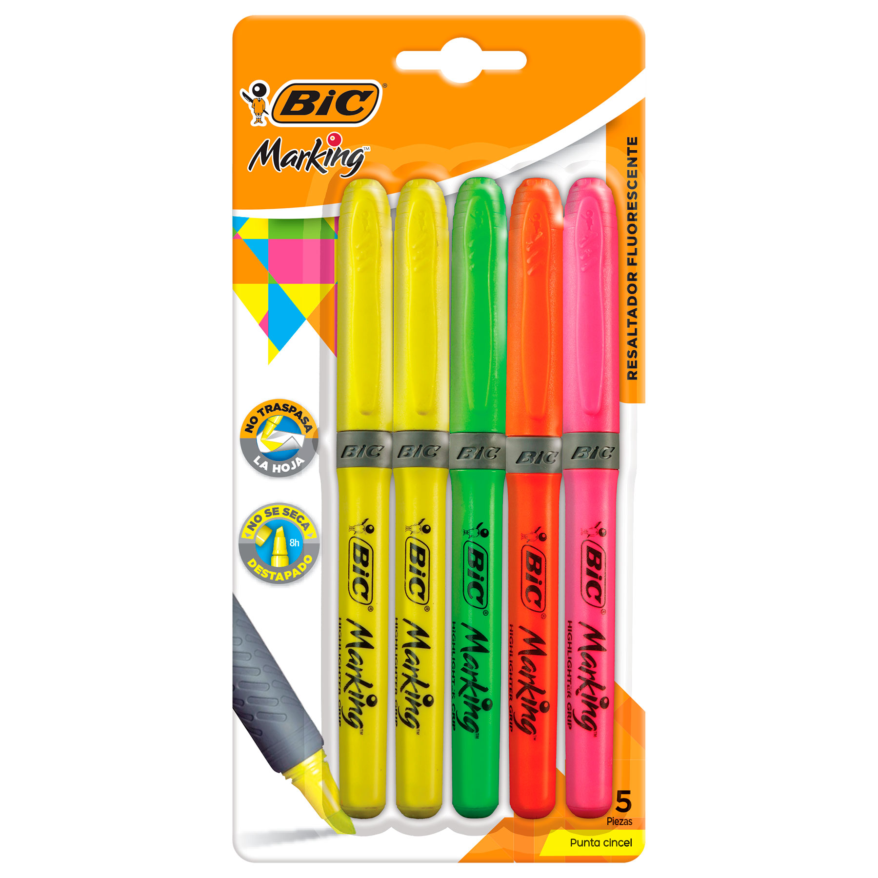 Marcatextos Bic Marking Grip Bl/5 Surtidos, Punta Cincel