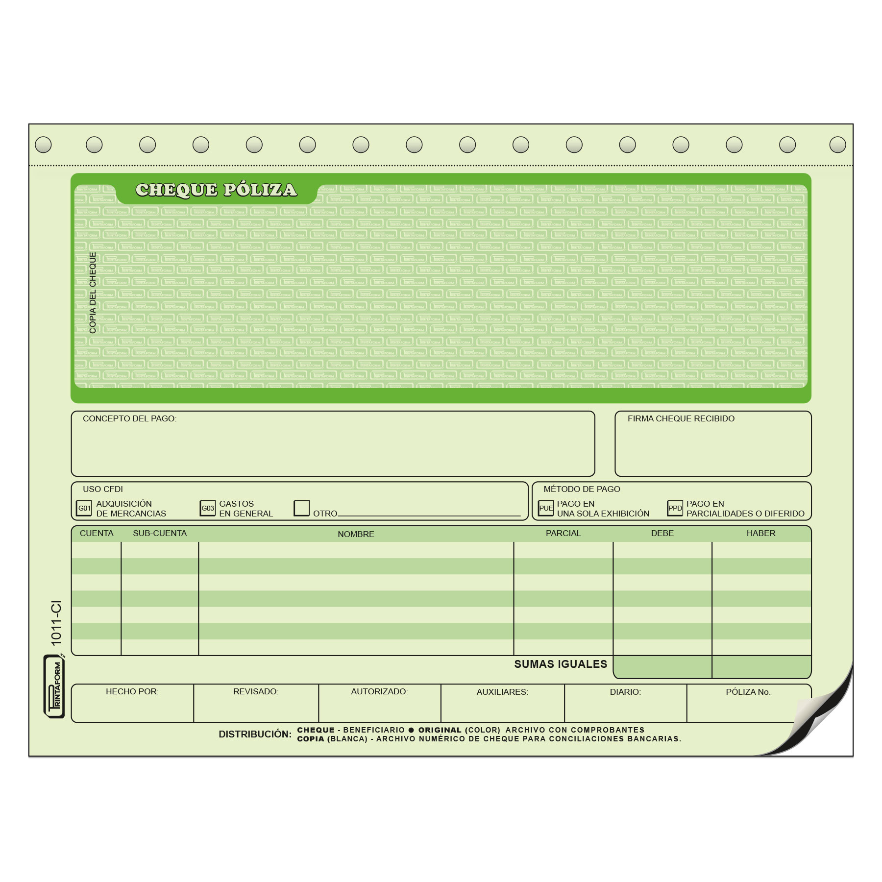 Cheque Poliza C/Carbon Printaform 1011Ci 1/2 Oficio C/20 Jgos. C/Copia