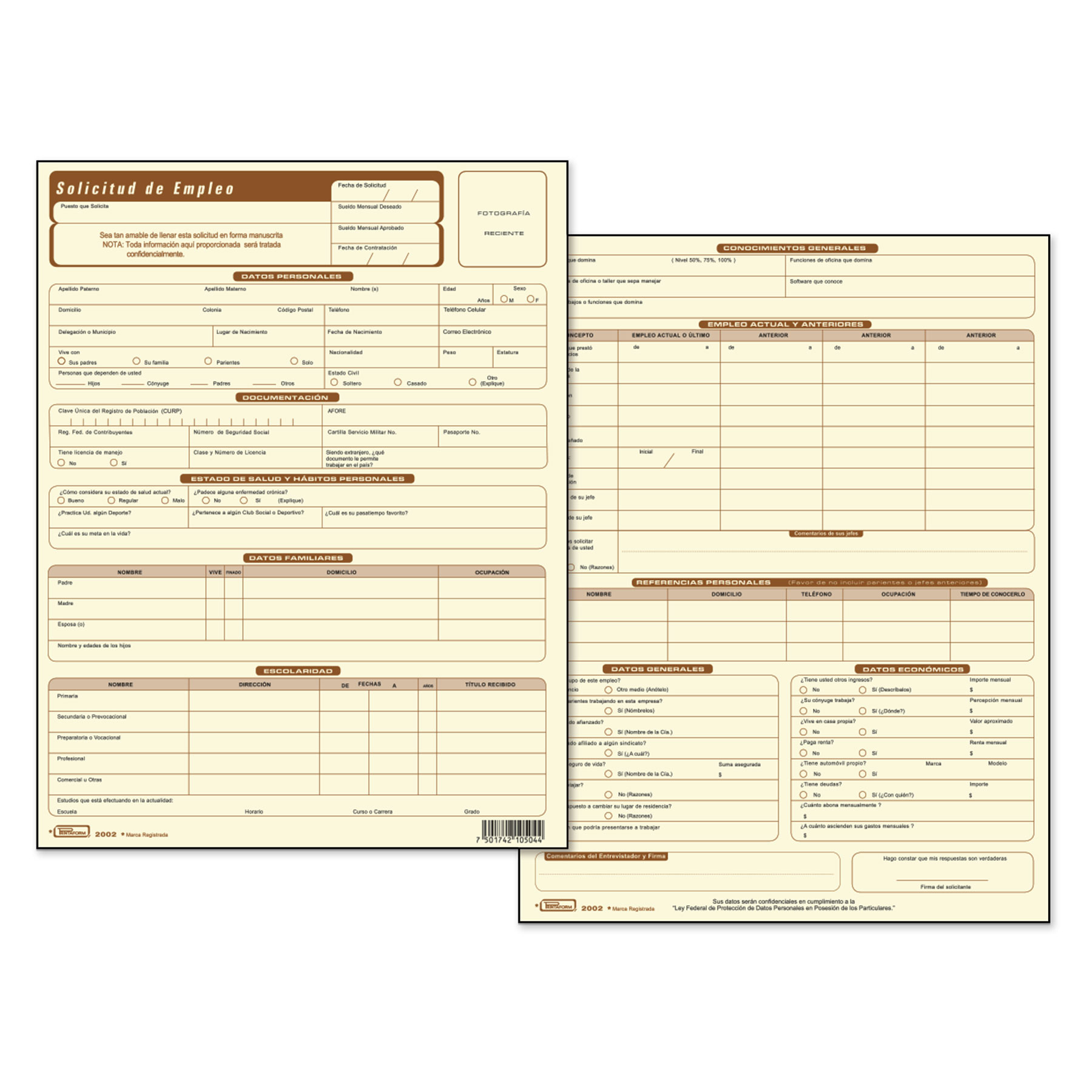 Solicitud de Empleo Printaform 2002 Carta 25 h. Canario