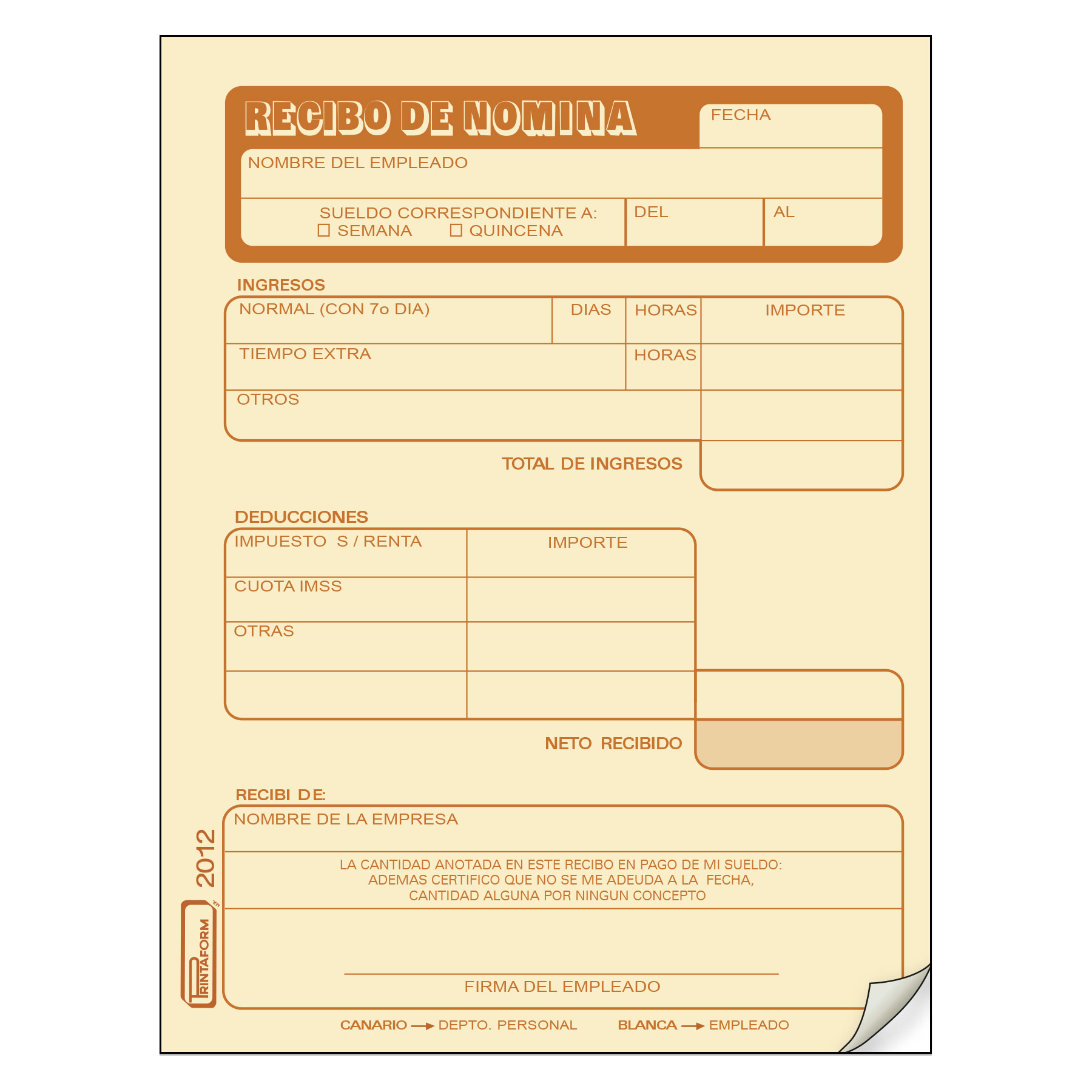 Recibo D/Nomina Dup. Printaform 2012 1/4 Carta 25 Jgos. Canario