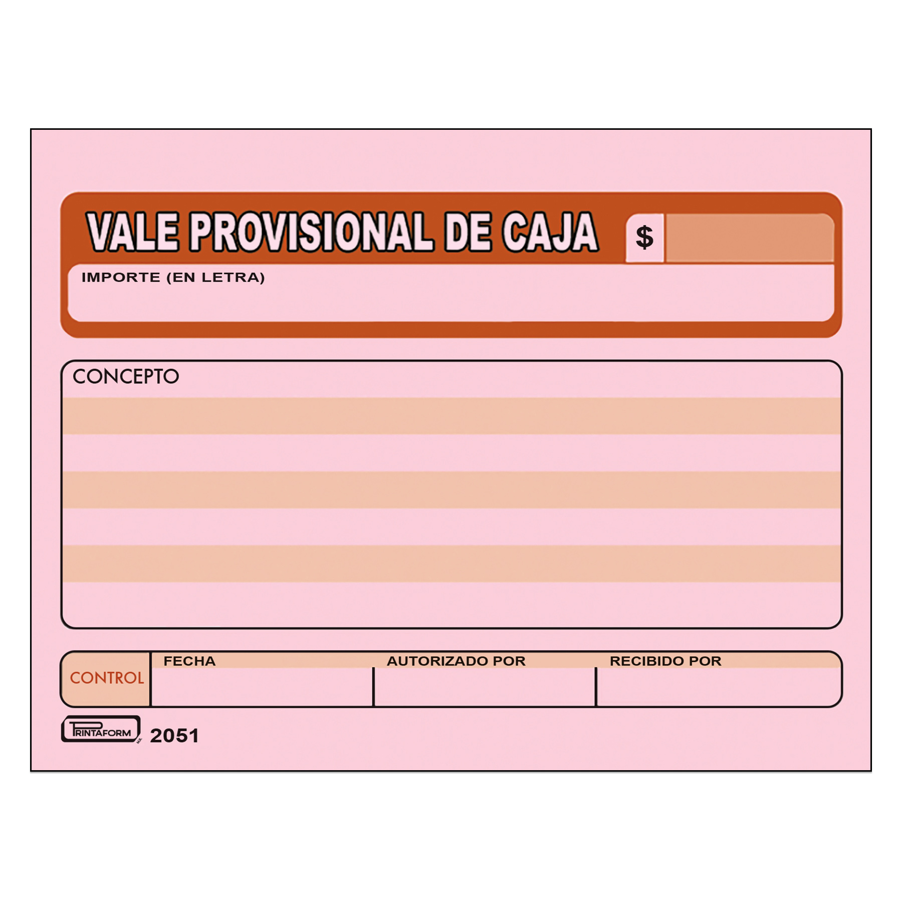 Vale Provisional De Caja Printaform 2051 1/4 Carta 50 H. Rosa
