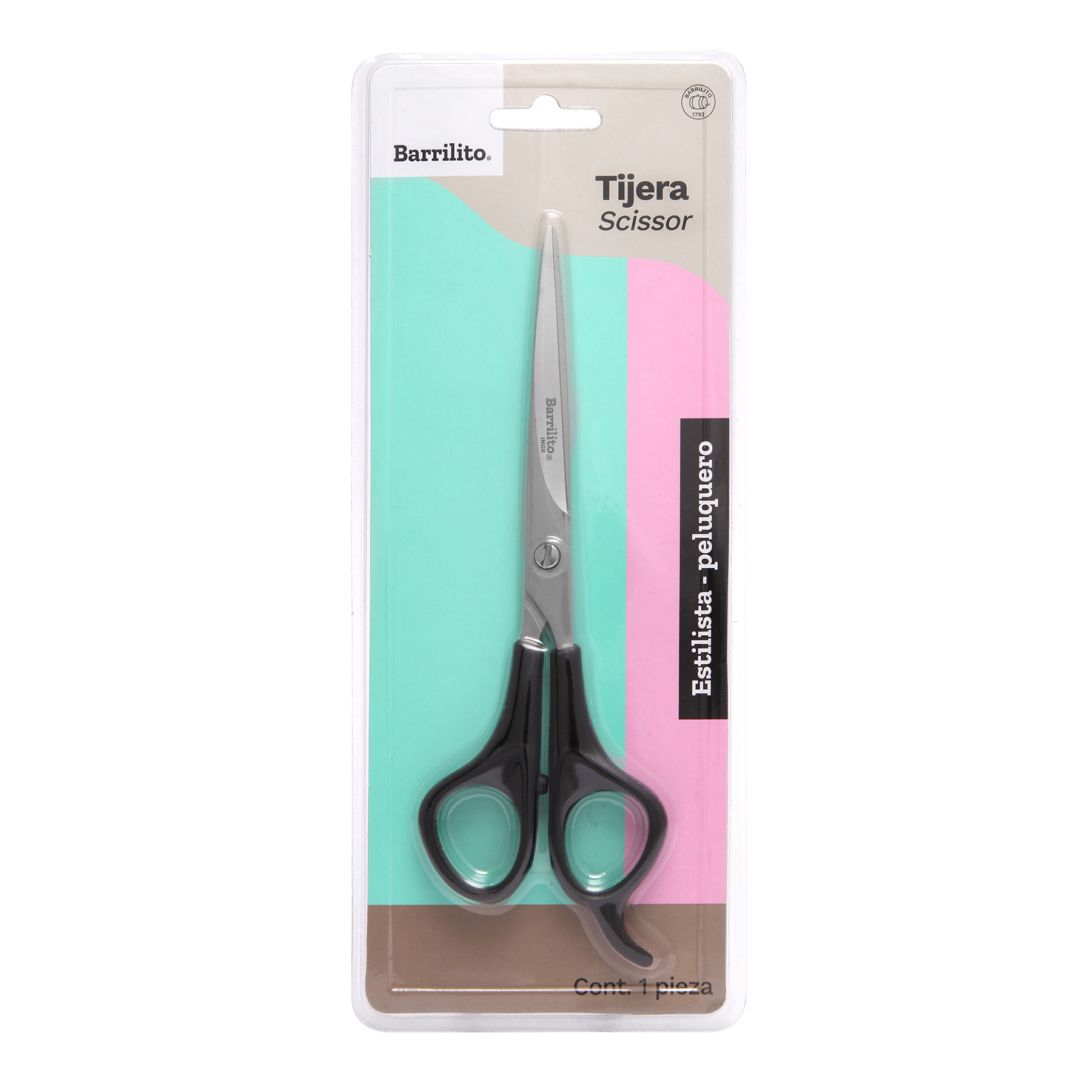 Tijera Estilista con Gancho Barrilito 7" Mango Plástico