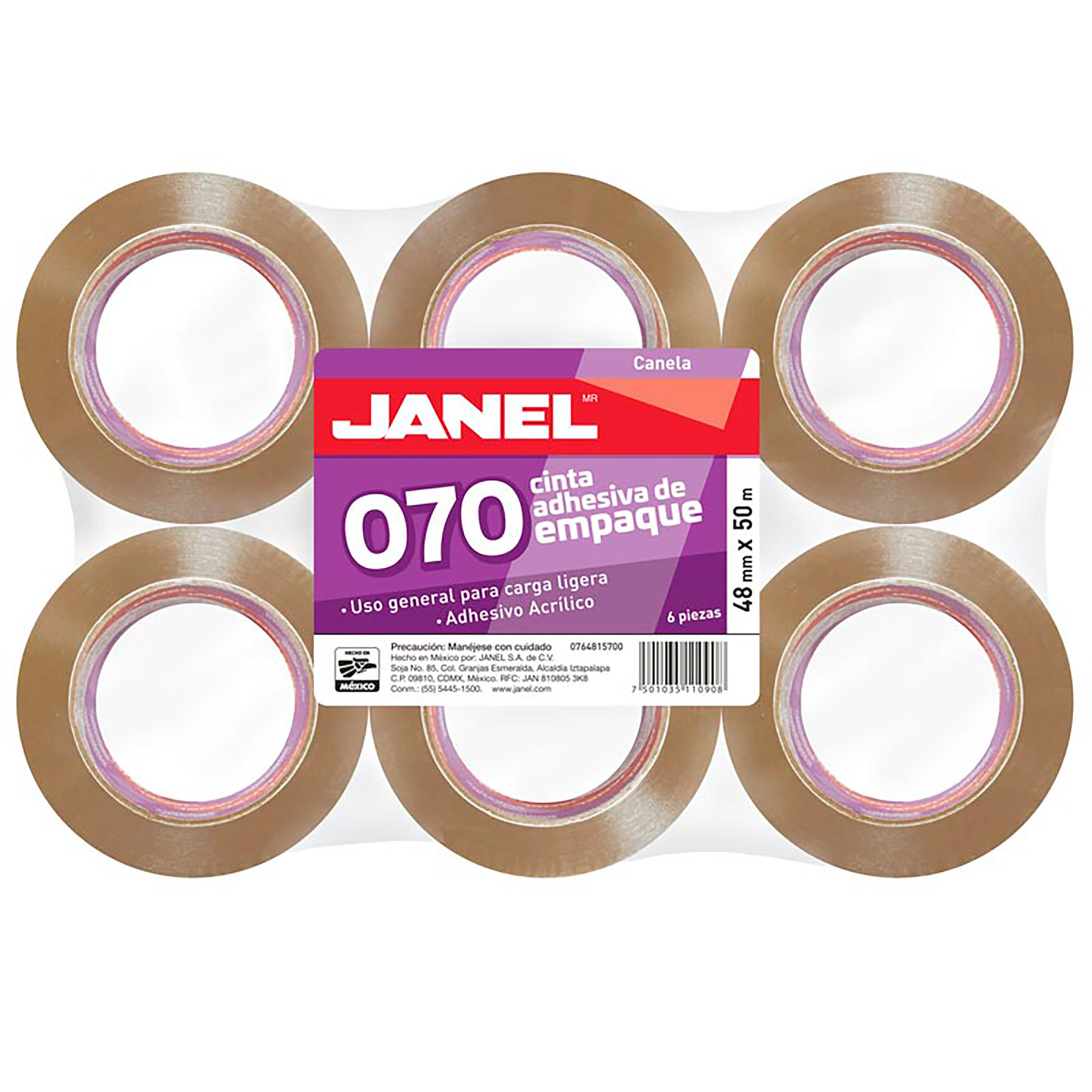 Cinta Adhesiva Empaque Canela Janel 070, 48 mm x 50 m, Adhesivo Acrílico