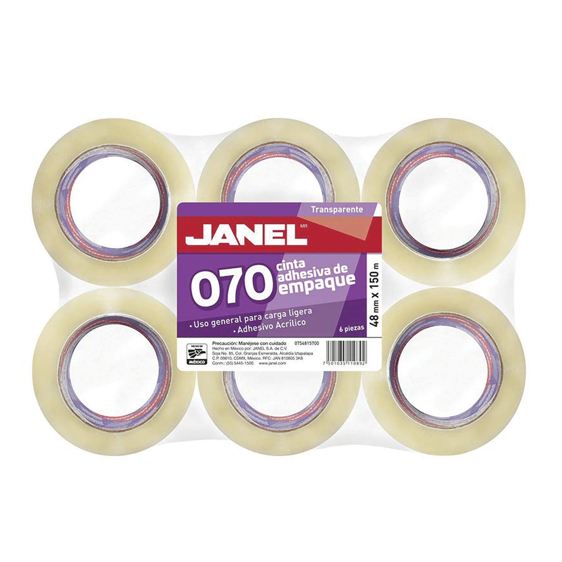 Cinta Adhesiva Empaque Transparente Janel 070, 48 mm x 150 m, Adhesivo Acrílico