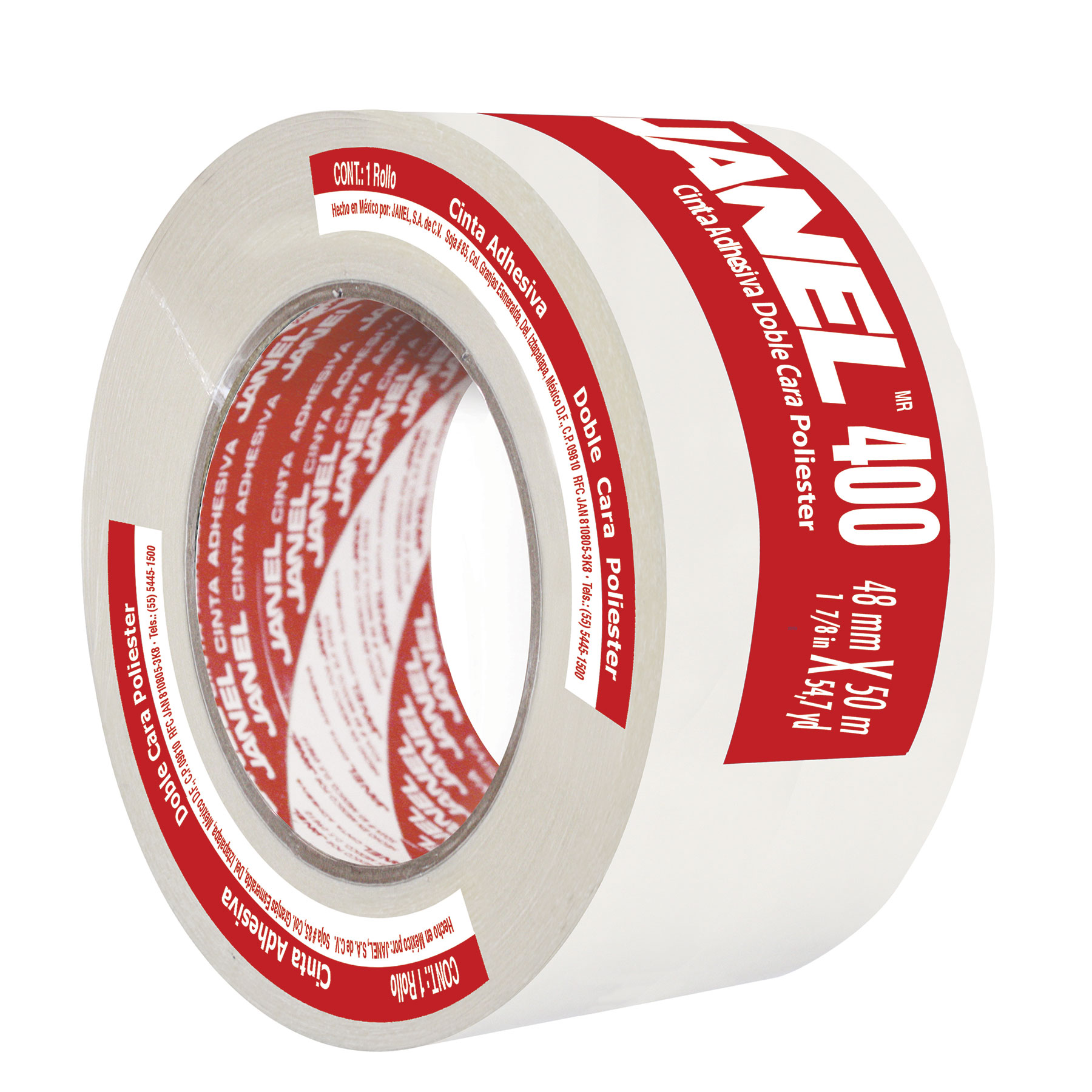 Cinta Adhesiva Doble Capa Janel 400, 48 mm x 50 m. Poliéster