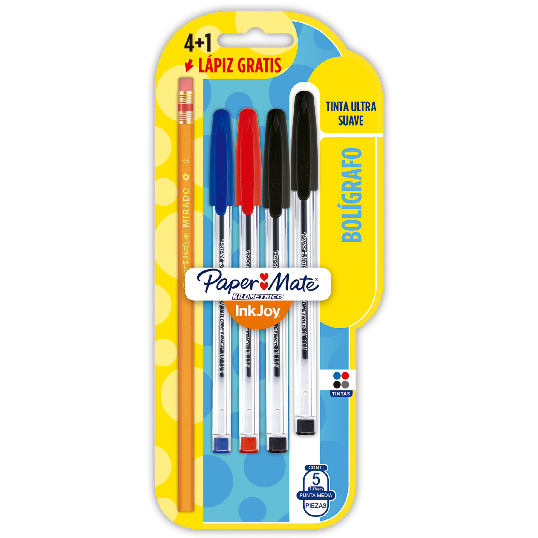 Bolígrafo Punto Mediano 1.0 mm Paper Mate Kilométrico 100 Bl/4+1 Lapíz Mirado