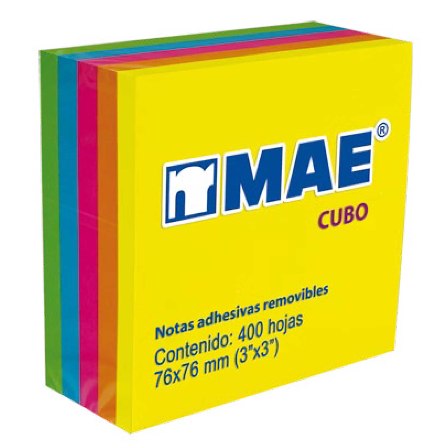Cubo de Notas Adhesivas MAE Neón 7.6 x 7.6 cm C/400 h.