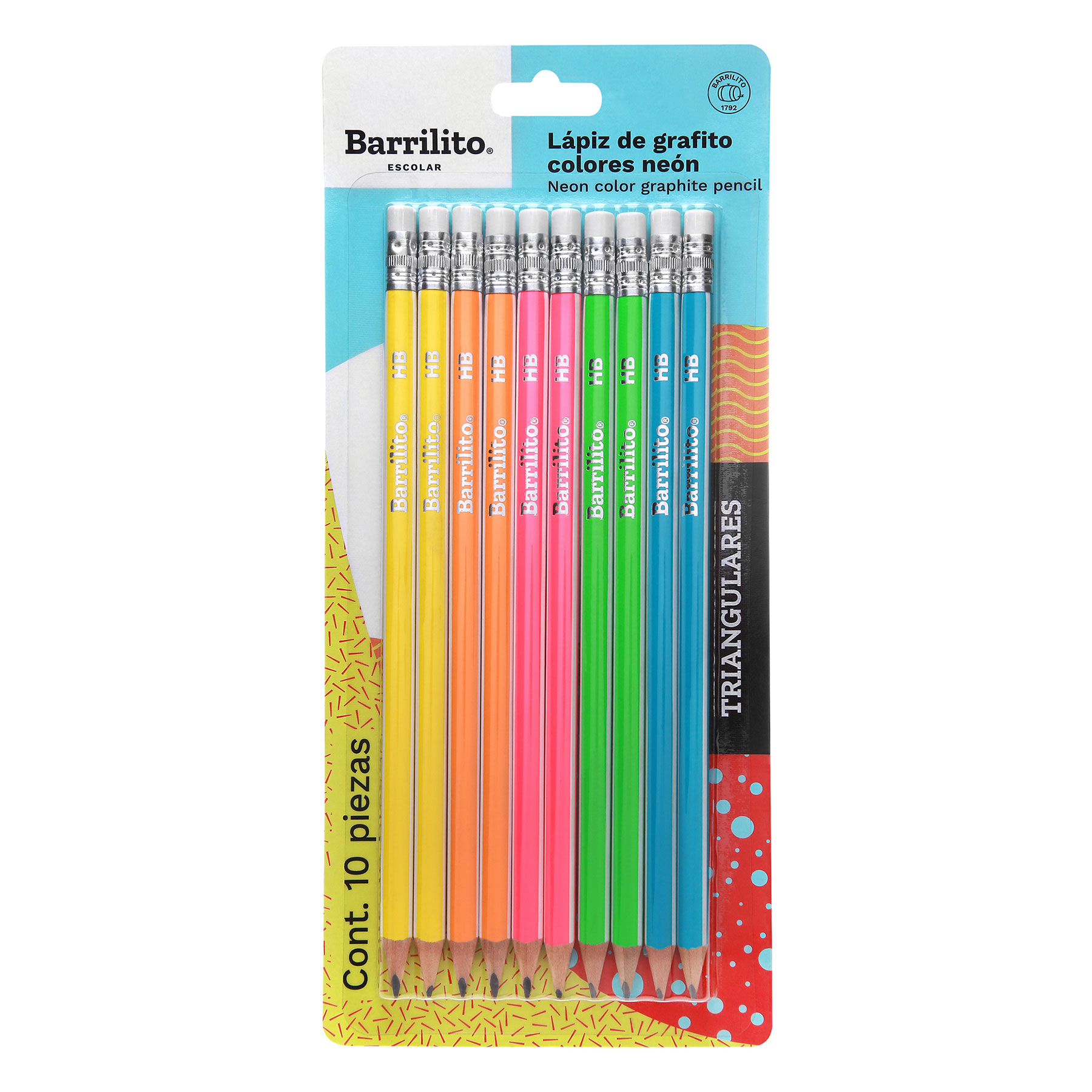 Lápiz de Grafito #2 Barrilito Triangular Neón Bl/10