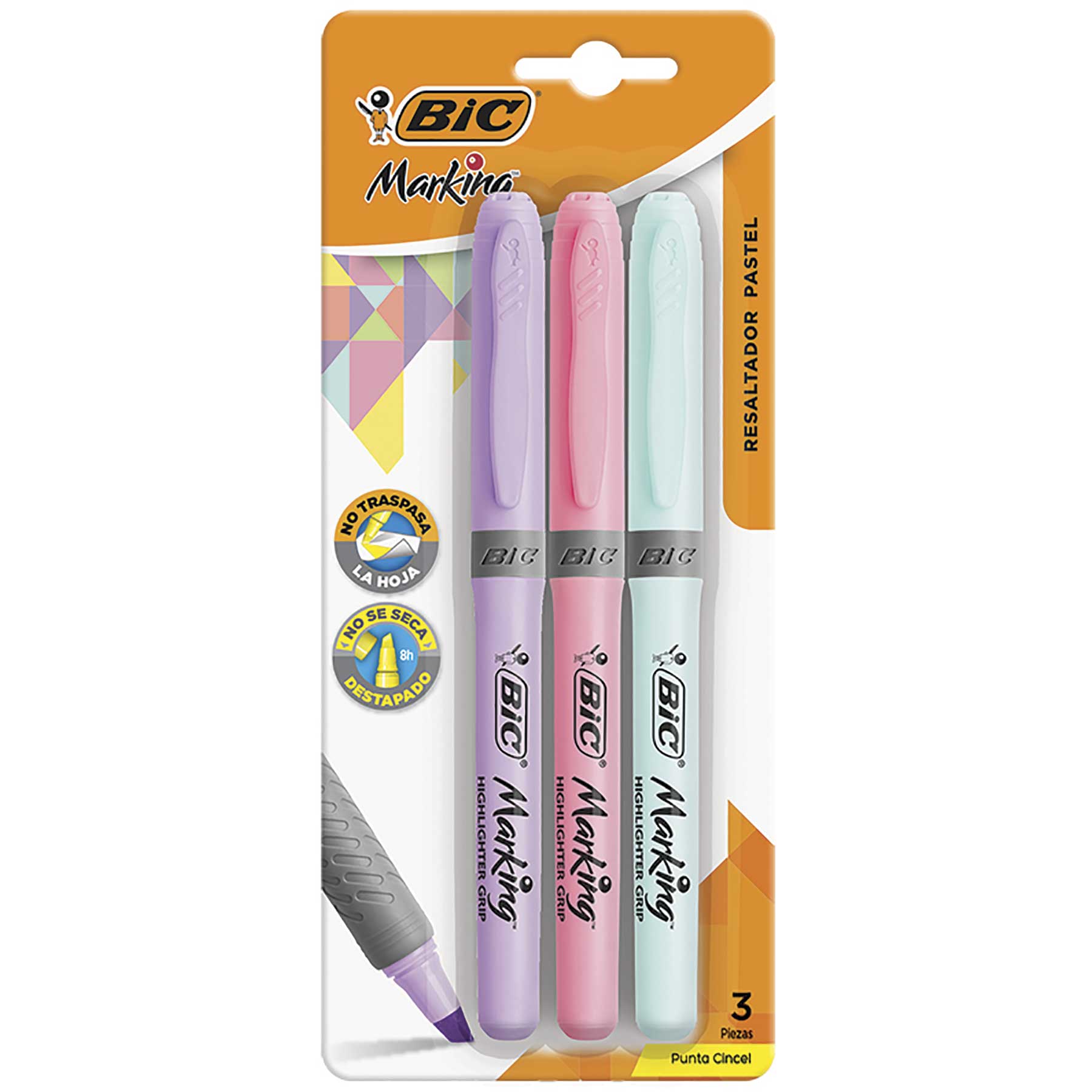 Marcatextos Bic Marking Grip Bl/3 Pastel, Punta Cincel