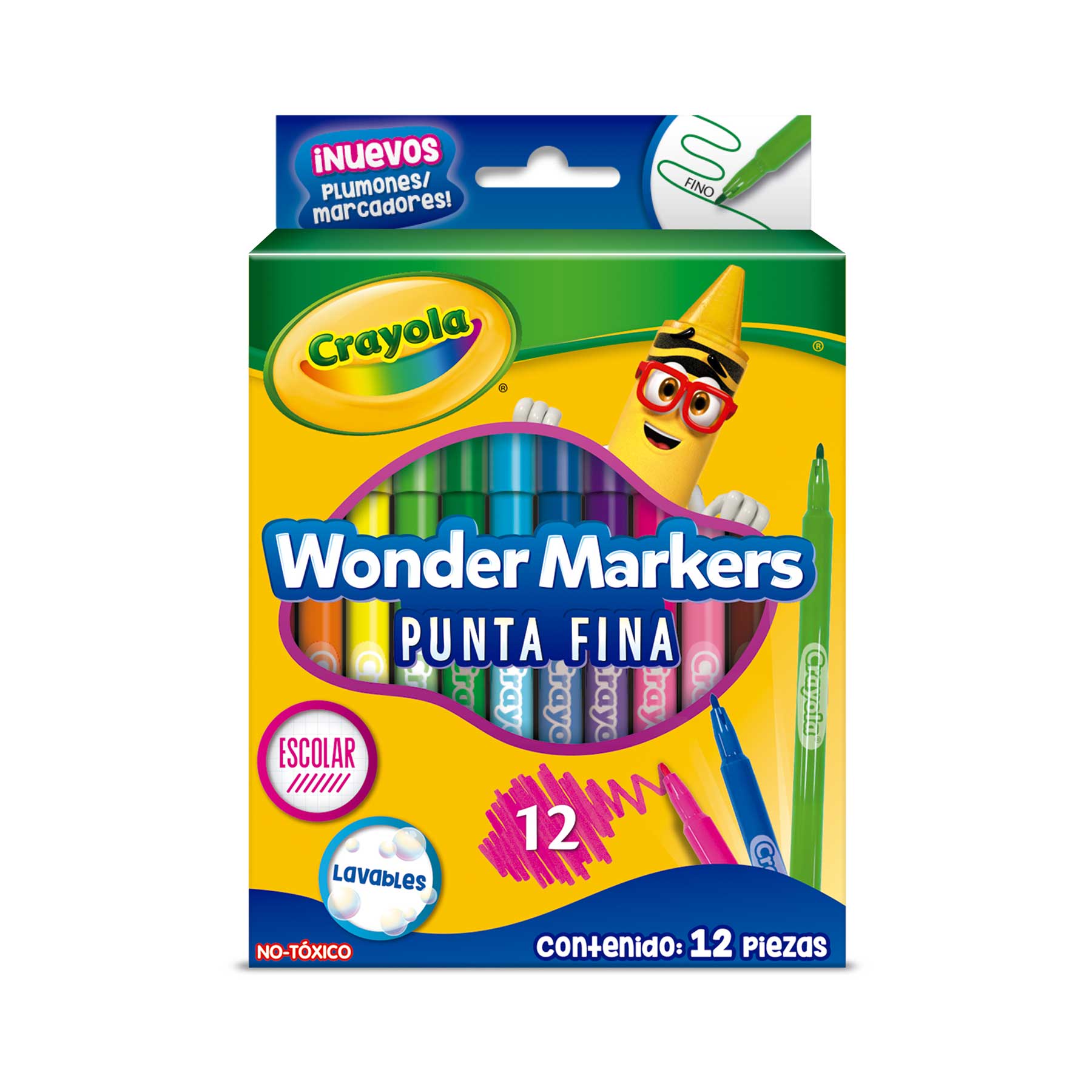 Plumones Crayola Wonder Marker C/12 Punto Fino, Lavables